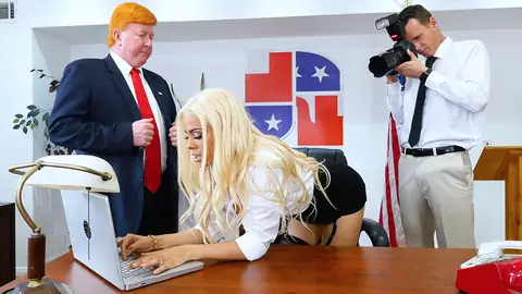 Huge-boobed Latina is in the office in an GONZO parody